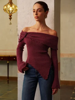 Online Asymmetrical Lettuce Trim Ruched Floral Knit Top Knitwear|Tops