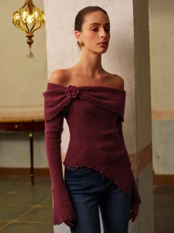 Online Asymmetrical Lettuce Trim Ruched Floral Knit Top Knitwear|Tops