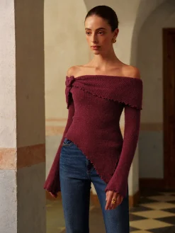 Online Asymmetrical Lettuce Trim Ruched Floral Knit Top Knitwear|Tops