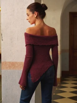 Online Asymmetrical Lettuce Trim Ruched Floral Knit Top Knitwear|Tops