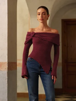 Online Asymmetrical Lettuce Trim Ruched Floral Knit Top Knitwear|Tops