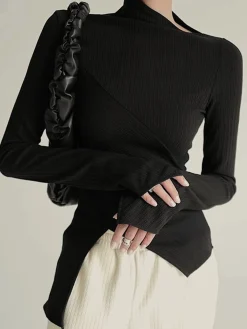 New Asymmetrical Long Sleeve Slim Top T-shirts|Tops