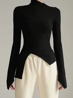 New Asymmetrical Long Sleeve Slim Top T-shirts|Tops