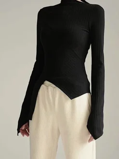New Asymmetrical Long Sleeve Slim Top T-shirts|Tops