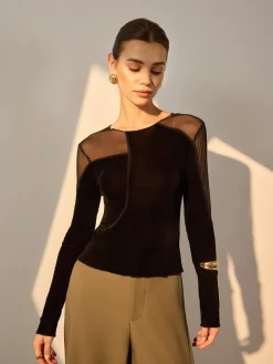 Hot Asymmetrical Mesh-Detail Velvet Top T-shirts
