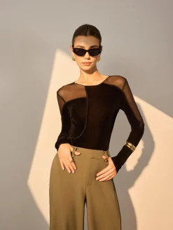 Hot Asymmetrical Mesh-Detail Velvet Top T-shirts