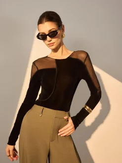 Hot Asymmetrical Mesh-Detail Velvet Top T-shirts