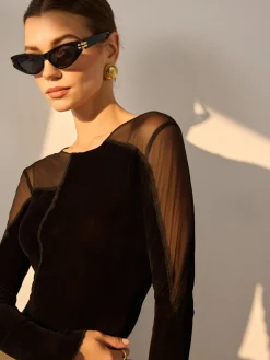 Hot Asymmetrical Mesh-Detail Velvet Top T-shirts