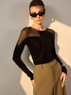 Hot Asymmetrical Mesh-Detail Velvet Top T-shirts