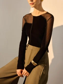 Hot Asymmetrical Mesh-Detail Velvet Top T-shirts