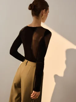 Hot Asymmetrical Mesh-Detail Velvet Top T-shirts