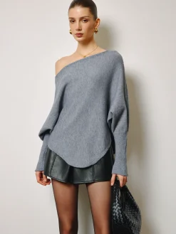 Asymmetrical Neck Leg-Of-Mutton Sleeve Sweater Knitwear|Tops