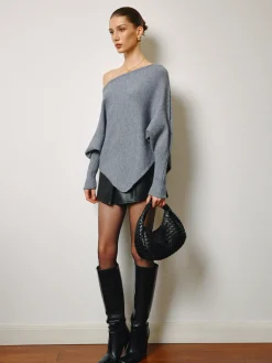 Asymmetrical Neck Leg-Of-Mutton Sleeve Sweater Knitwear|Tops