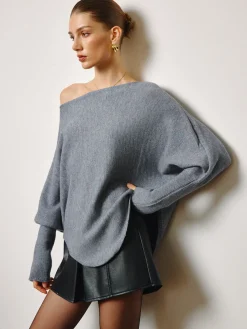 Asymmetrical Neck Leg-Of-Mutton Sleeve Sweater Knitwear|Tops
