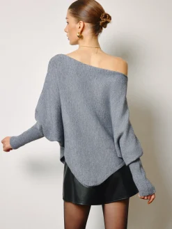 Asymmetrical Neck Leg-Of-Mutton Sleeve Sweater Knitwear|Tops
