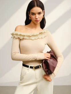 Hot Asymmetrical Neck Lettuce Trim Jersey Top Tops