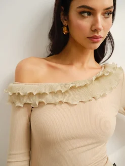 Hot Asymmetrical Neck Lettuce Trim Jersey Top Tops