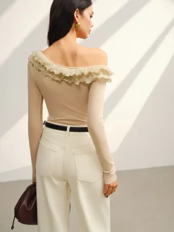 Hot Asymmetrical Neck Lettuce Trim Jersey Top Tops