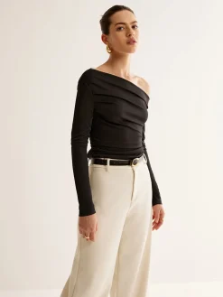 Clearance Asymmetrical Neck Pleated Long Sleeve Top T-shirts|Tops