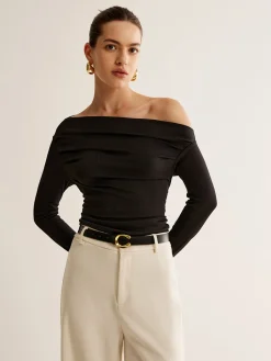 Best Asymmetrical Neck Pleated Long Sleeve Top T-shirts|Tops