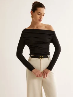 Best Asymmetrical Neck Pleated Long Sleeve Top T-shirts|Tops