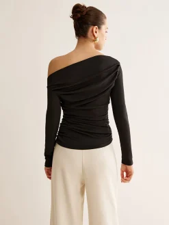 Best Asymmetrical Neck Pleated Long Sleeve Top T-shirts|Tops