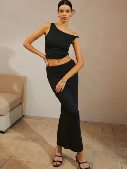 Best Asymmetrical Neck Ruched Top & Split Maxi Skirt Set Skirt Sets|Long Sleeve Sets