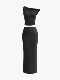 Best Asymmetrical Neck Ruched Top & Split Maxi Skirt Set Skirt Sets|Long Sleeve Sets