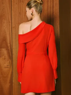 Asymmetrical Neck Ruched Short Dress Dresses
