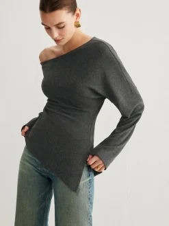 Hot Asymmetrical Neck Slit Cinched Top T-shirts|Tops