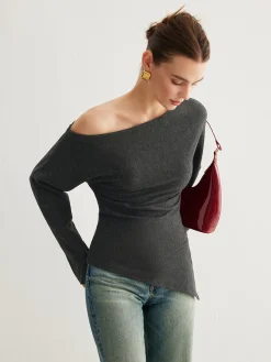 Hot Asymmetrical Neck Slit Cinched Top T-shirts|Tops