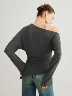 Hot Asymmetrical Neck Slit Cinched Top T-shirts|Tops