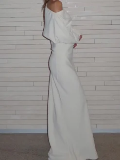 Clearance Asymmetrical Off Shoulder Solid Long Sleeve Maxi Dress White Dresses|Black Dresses