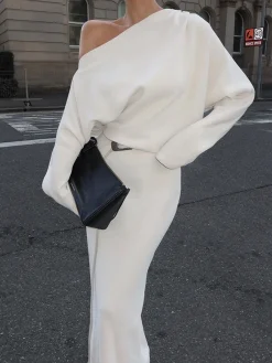 Asymmetrical Off Shoulder Solid Long Sleeve Maxi Dress Casual Dresses|Work Dresses