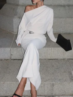 Asymmetrical Off Shoulder Solid Long Sleeve Maxi Dress Casual Dresses|Work Dresses