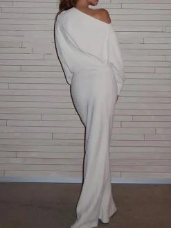Asymmetrical Off Shoulder Solid Long Sleeve Maxi Dress Casual Dresses|Work Dresses