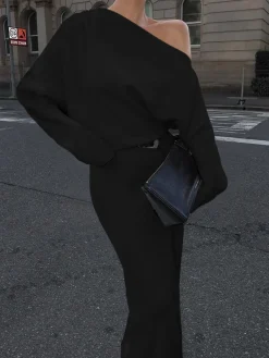 Asymmetrical Off Shoulder Solid Long Sleeve Maxi Dress Casual Dresses|Work Dresses