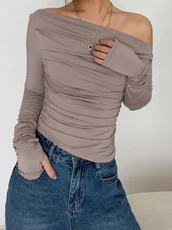 Asymmetrical Off Shoulder Long Sleeve Shirt Sweater Tops|T-shirts