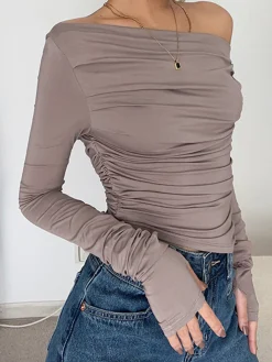 Asymmetrical Off Shoulder Long Sleeve Shirt Sweater Tops|T-shirts