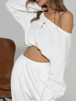 Sale Asymmetrical Off Shoulder Solid Sweatshirt Sweatshirts & Hoodies|Matching Sets