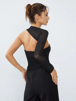 Online Asymmetrical One Mesh Sleeve Shirt Sweater Tops|T-shirts