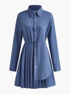 New Asymmetrical Pinstripe Pleated Lapel Dress Casual Dresses|Work Dresses
