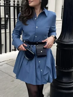 New Asymmetrical Pinstripe Pleated Lapel Dress Casual Dresses|Work Dresses