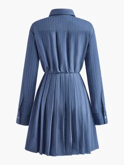 New Asymmetrical Pinstripe Pleated Lapel Dress Casual Dresses|Work Dresses