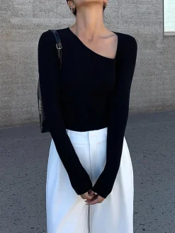 Outlet Asymmetrical Plain Long Sleeve T-Shirt T-shirts|Tops