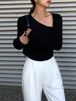 Outlet Asymmetrical Plain Long Sleeve T-Shirt T-shirts|Tops