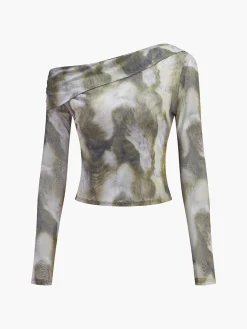 Sale Asymmetrical Printed Crop Mesh Top Crop Tops|Blouses & Shirts