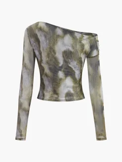 Sale Asymmetrical Printed Crop Mesh Top Crop Tops|Blouses & Shirts