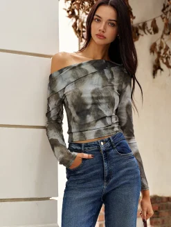 Sale Asymmetrical Printed Crop Mesh Top Crop Tops|Blouses & Shirts