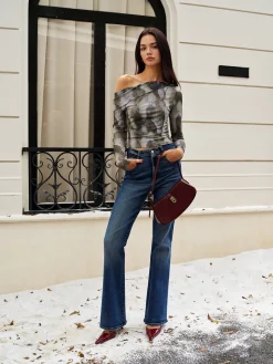 Sale Asymmetrical Printed Crop Mesh Top Crop Tops|Blouses & Shirts